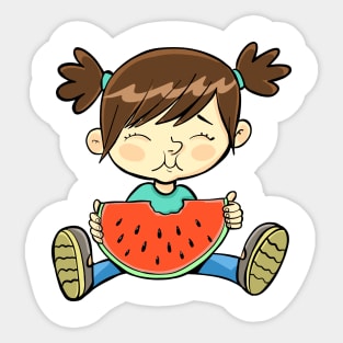 girl is sitting on the floor and eating a watermelon Sticker